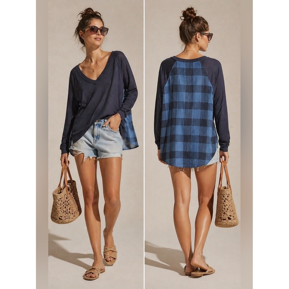 Anthropologie PILCRO‎ Mixed Media Tunic Top S NEW Plaid Boho Festival Coastal